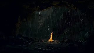 Hide from heavy rain and Fire crackling in the sound of a mountainside cave fireplace for 3 hours