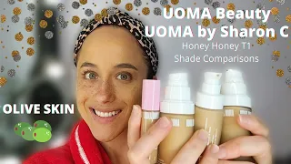 UOMA BEAUTY & UOMA BY SHARON C | Honey Honey T1 Shade Comparison for Olive Skin