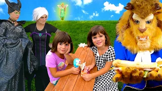 Kate & Lilly MAKE BELIEVE Play with Elsa, Maleficent, and other Princesses!