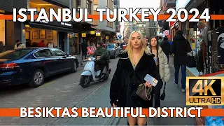 ISTANBUL TURKEY 2024 BEAUTIFUL DISTRICT IN CITY CENTER BESIKTAS 4K WALKING TOUR VIDEO | MARKETS,BARS