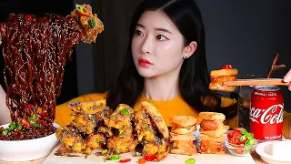 ASMR SPICY CHILI PARTY 🌶 SPICY CHICKEN SPICY BLACK BEAN NOODLES DEEP-FRIED SHRIMP SANDWICH MUKBANG