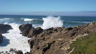 Waves breaking on the rocks in Angeiras