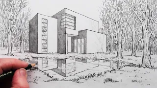 How to Draw a House in 2-Point Perspective with Reflection in Landscape