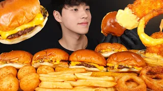 ASMR MUKBANG CHEESEBURGER & FRENCH FRIES & CHEESE BALLS & ONION RINGS EATING SOUNDS