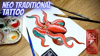 How to draw an Octopus tattoo design (neo traditional tattoo)