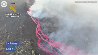 Drone video of damage and lava flow on the island of La Palma in Spain