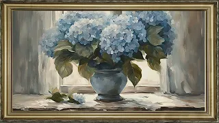 FREE TV ART VINTAGE SCREENSAVER BACKGROUND FRAMED BLUE HYDRANGEA PAINTING NO SOUND WALLPAPER 4K