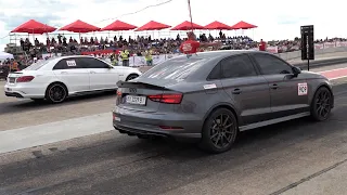 Audi RS3 vs Audi TT RS vs Mercedes AMG E63s - Drag Race