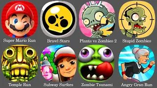 Plants vs Zombies 2,Mario Run,Stupid Zombies,Brawl Stars,Subway Surf,Zombie Tsunami,Angry Gran Run