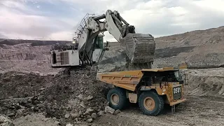 LIEBHERR R9350 MINING EXCAVATOR | LOADING CATERPILLAR TRUCK || D8R DOZER TAKES FRONT LOADING