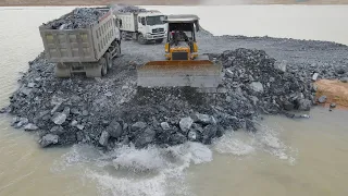 Really Great! Excellent Operator Bulldozer Push Stone Build New Road For Dump Truck Transport Stone