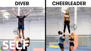 Synchronized Divers Try To Keep Up With Cheerleaders | SELF