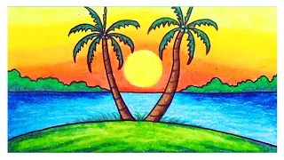 Scenery Drawing | How To Draw Easy Sunset Scenery For Beginners With Oil Pastel