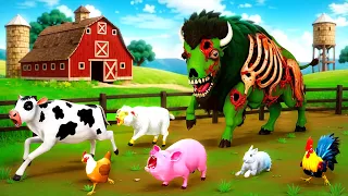 Zombie Bison Attacks Farm Animals - Zombie Farm Diorama | Cow Pig Rabbit Sheep Hen Rooster Animals