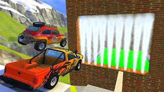 Crazy Vehicle High Speed Jump Through Freeze Smoke Gas Wall In Green Slime Pool - BeamNG drive