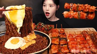 SUB)Cheese Egg Chapagetti Spicy Chicken Skewers Sausages Bacon Mushroom Rolls Mukbang Asmr