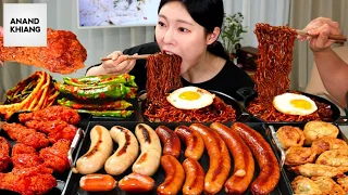ASMR MUKBANG| Black bean Noodles, Sausage, Soy Chicken, Fried Dumplings, Green onion Kimchi.