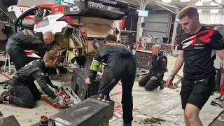 WRC ECO Acropolis Rally Greece 2023 Ogier car gets serviced, icl Hybrid unit change, Fri eve