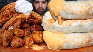 ASMR GIANT BURRITOS WITH CHEESE SAUCE AND CHICKEN WINGS WITH EXTRA RANCH MUKBANG