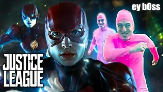 Pink Guy and The Flash run to save the Justice League