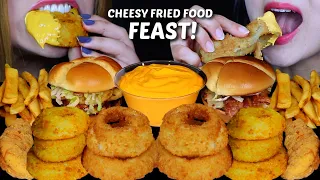 ASMR CHEESY FRIED FOOD FEAST! GIANT ONION RINGS, FRIED CHICKEN TENDERS, BACON CHEESEBURGERS, FRIES