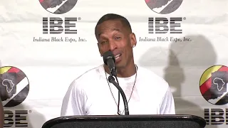 Korey Wise, member of Exonerated 5, speaks at Lucas Oil Stadium during Circle City Classic weekend