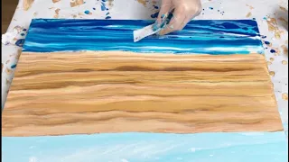 Seascape Flip Cup & Swipe with Hand-painted BEACH HUTS, acrylic paint pour, abstract fluid art