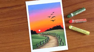 Easy Oil Pastel Sunset Scenery Painting for beginners | PATHWAY IN SUNSET | Oil Pastel Drawing