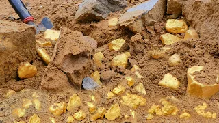 It's amazing! digging gold million dollar of treasure under stone at mountain, mining exciting.