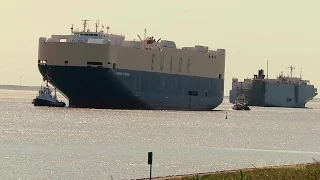 car carrier MORNING CATHERINE 3ENY4 IMO 9338711 inbound Emden with pilot & 3 tugs RoRo seaship