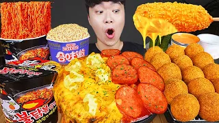 ASMR MUKBANG | RICE CAKE Tteokbokki, Fire Noodles, cheese stick, hot dog recipe ! eating