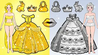 कागज की गुड़िया ड्रेस अप |  Gold Rapunzel And Silver Elsa Princess Dress Up | Woa Dolls Hindi