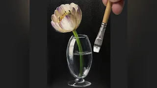 TRANSPARENT VASE WITH TULIP FLOWER ON BLACK BACKGROUND / ACRYLIC PAINTING STEP BY STEP