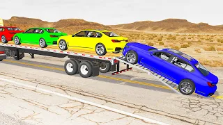 Flatbed Trailer B M W   Cars Transportation with Truck - Pothole vs Car #018 - BeamNG.Drive