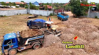 Start Newly Project Bulldozer KOMATSU & Dump Truck 5Ton ​Pouring Soil To Landfill Up Long Huge