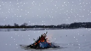 4K Bonfire by the river in winter. Sounds of nature. 12 hours. UHD video 2160p