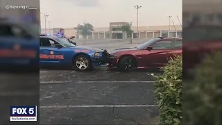 Caught on camera: Driver doing donuts in mall parking lot rammed by state trooper in dramatic chase