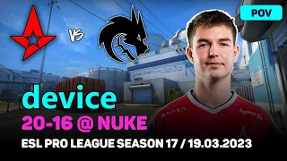 CSGO POV Astralis device (20-16) vs Spirit (NUKE) @ ESL Pro League Season 17 / Mar 19, 2023