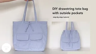 DIY drawstring tote bag | How to make drawstring tote bag with outside pocket