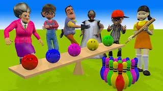 Scary Teacher 3D vs Squid Game Rainbow Bowling 5 Times Challenge