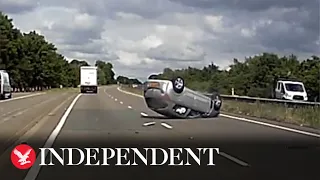 Moment drunk driver collides with lorry and flips car over