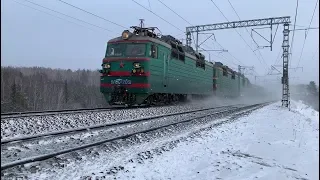 Russian trains in winter: Day & Night. Freight, passenger Train.