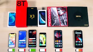 КТО ПРОЖИВЁТ ДОЛЬШЕ? iPhone 12 mini, OnePlus 8T, POCO X3, iPhone SE 2020, Игровой Монстр, 6350 mAh