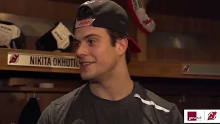 Erik Haula, Nikita Okhotiuk, Brendan Smith & Lindy Ruff speak prior to tonight's game against Boston