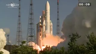 Liftoff of Ariane 5 with EUTELSAT 25B/Es'hail 1 and GSAT-7