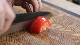 Shizu VG10 240mm Tsuchime/Damascus/Kurouchi Gyuto vs Tomato
