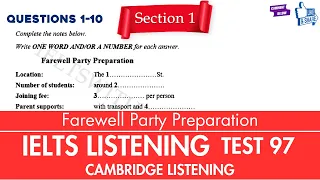 Practice IELTS Listening | Test 97 (Farewell Party Preparation) | Cambridge Listening | Practice Now