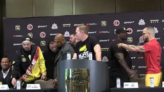 Mike Perry pulls out plastic bat on "Let Me Bang Bro" Julian Lane at heated BKFC Press Conference