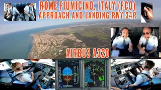 ROME (FCO) | Pilots + cockpit view of an Airbus A320 approach and landing runway 34R | + charts view