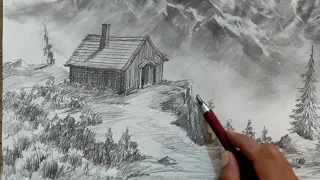 Drawing of the view of the hut and the mountain Drawing  a beautiful landscape with charcoal